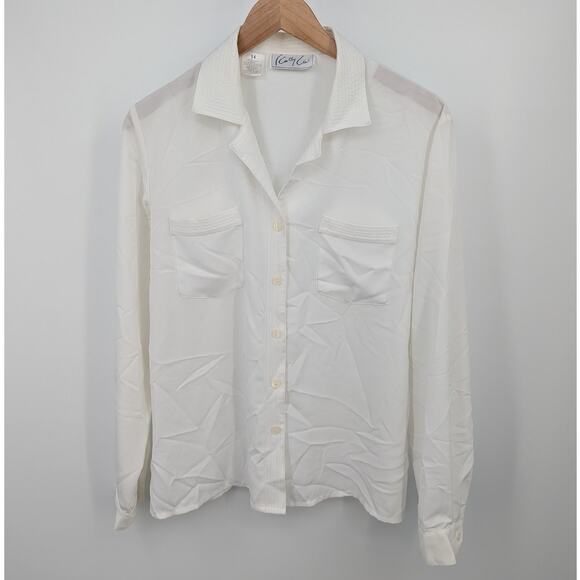 Vintage Kathy Che White Long Sleeve Button Down Blouse Timeless Old Money 14 - Picture 1 of 4